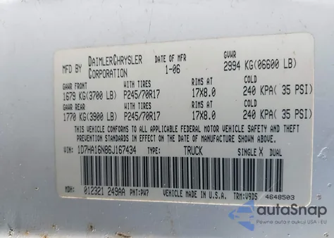 2006 Dodge Ram 1500 Slt z USA, uszkodzony, nr VIN 1D7HA16N86J167434